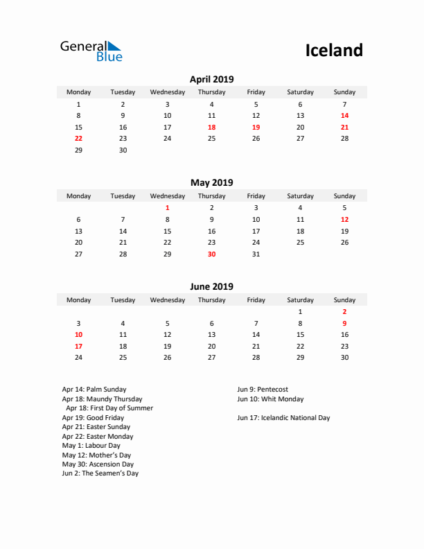 Printable Quarterly Calendar with Notes and Iceland Holidays- Q2 of 2019