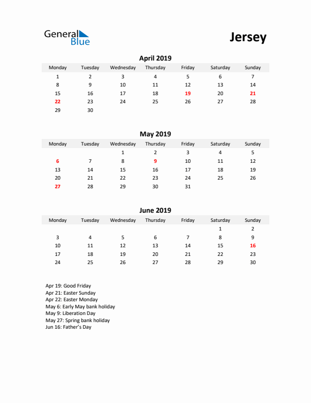 Printable Quarterly Calendar with Notes and Jersey Holidays- Q2 of 2019