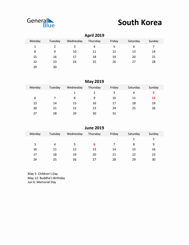 Printable Quarterly Calendar with Notes and South Korea Holidays- Q2 of 2019