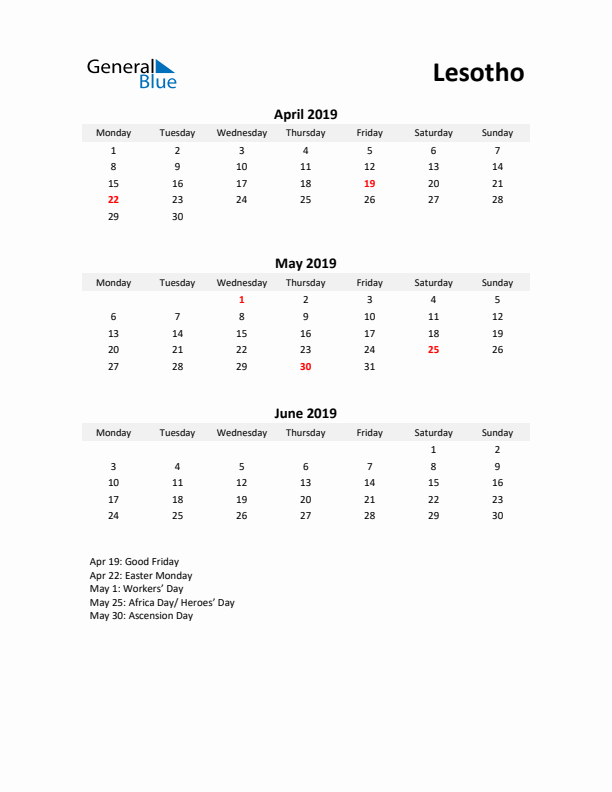 Printable Quarterly Calendar with Notes and Lesotho Holidays- Q2 of 2019