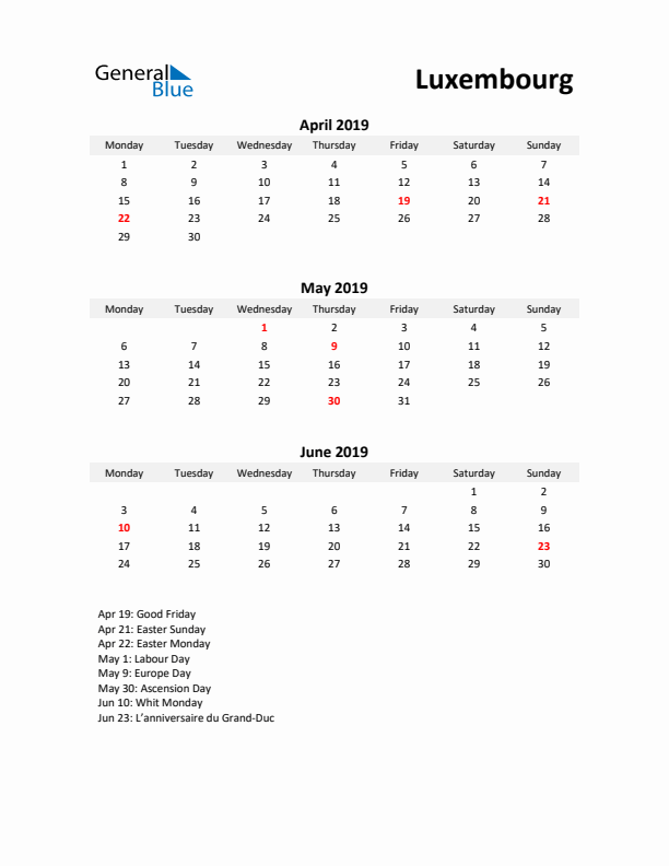 Printable Quarterly Calendar with Notes and Luxembourg Holidays- Q2 of 2019