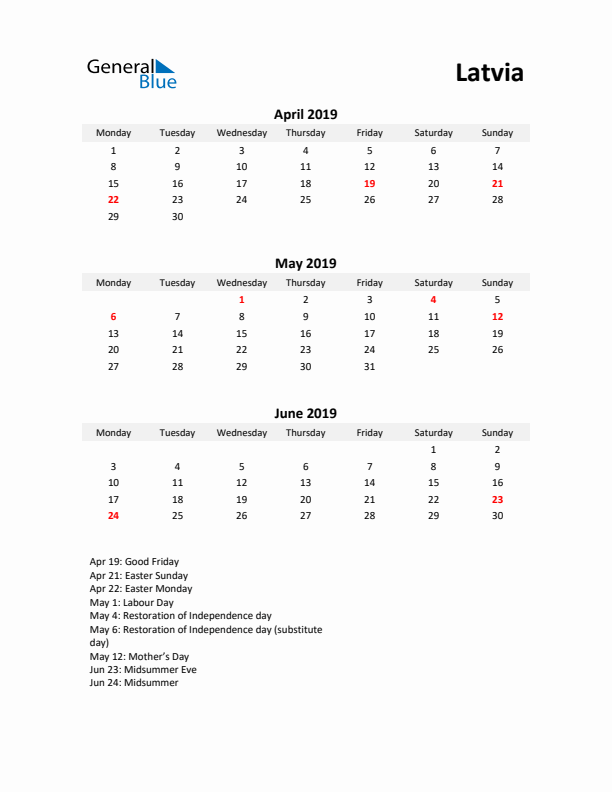 Printable Quarterly Calendar with Notes and Latvia Holidays- Q2 of 2019