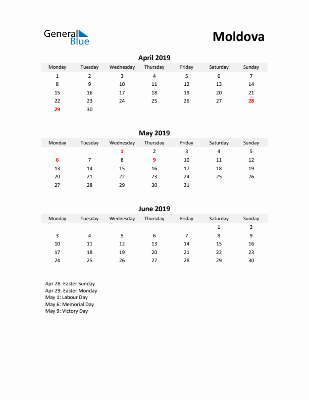 Printable Quarterly Calendar with Notes and Moldova Holidays- Q2 of 2019