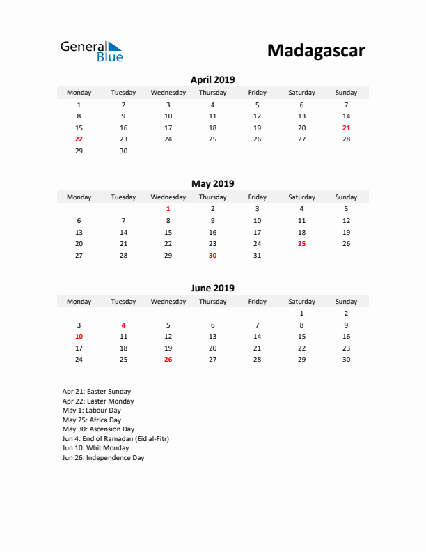 Printable Quarterly Calendar with Notes and Madagascar Holidays- Q2 of 2019