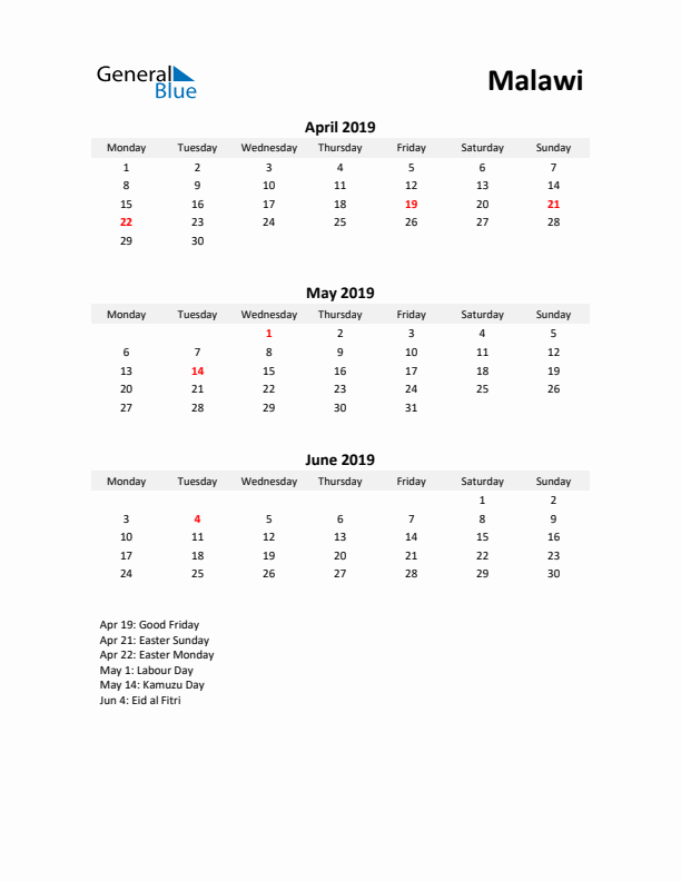 Printable Quarterly Calendar with Notes and Malawi Holidays- Q2 of 2019