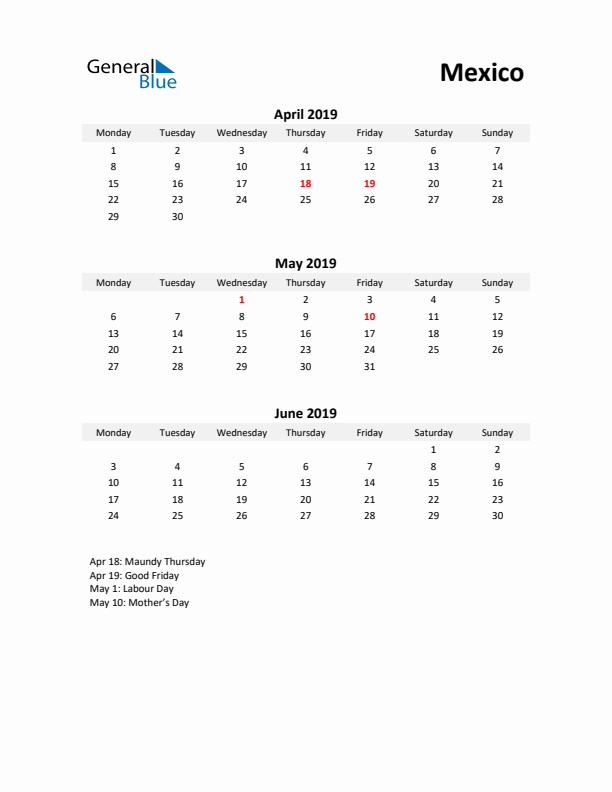 Printable Quarterly Calendar with Notes and Mexico Holidays- Q2 of 2019