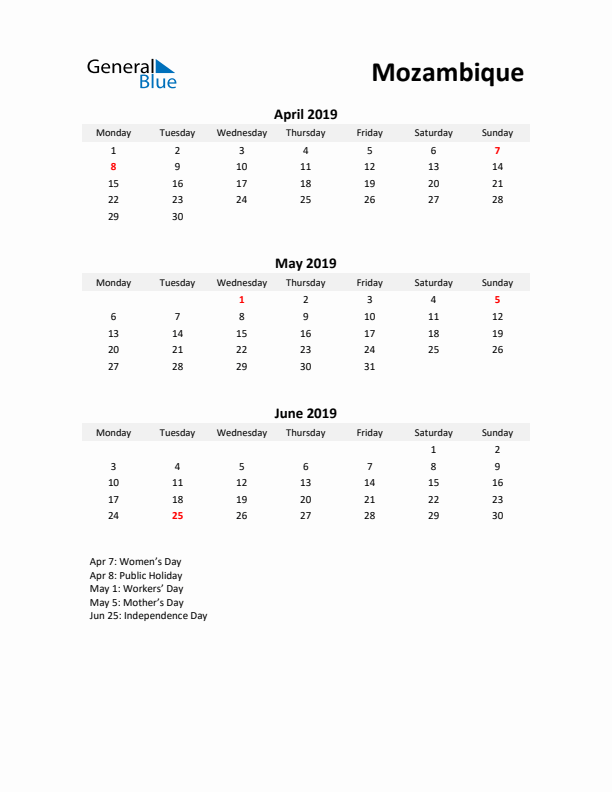 Printable Quarterly Calendar with Notes and Mozambique Holidays- Q2 of 2019