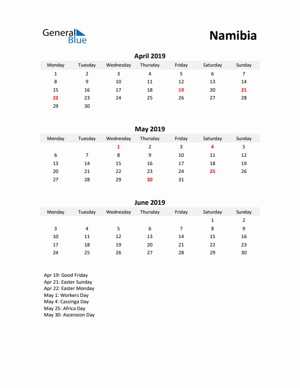 Printable Quarterly Calendar with Notes and Namibia Holidays- Q2 of 2019