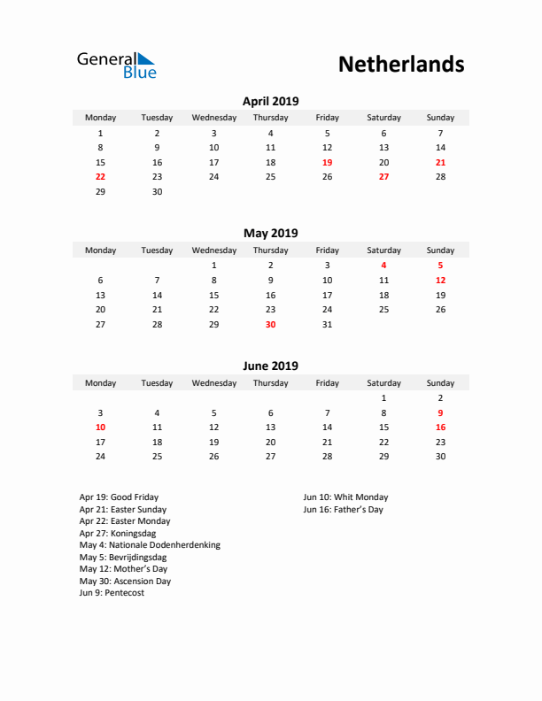 Printable Quarterly Calendar with Notes and The Netherlands Holidays- Q2 of 2019