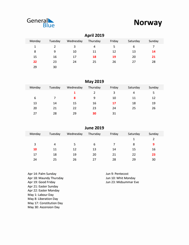 Printable Quarterly Calendar with Notes and Norway Holidays- Q2 of 2019