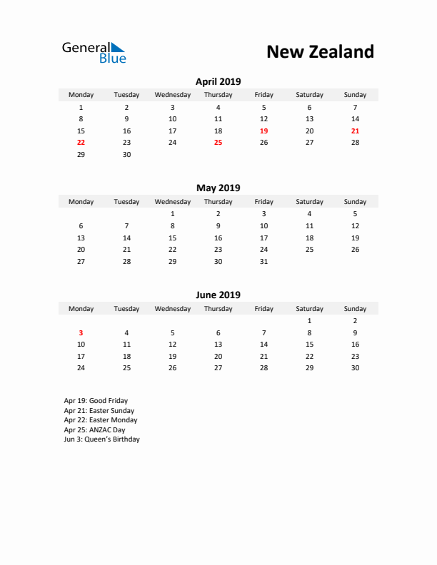 Printable Quarterly Calendar with Notes and New Zealand Holidays- Q2 of 2019