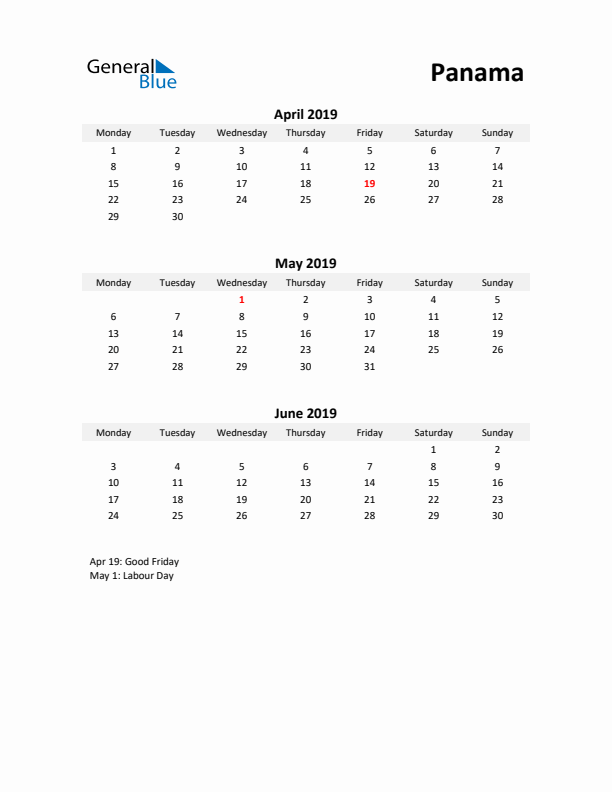 Printable Quarterly Calendar with Notes and Panama Holidays- Q2 of 2019