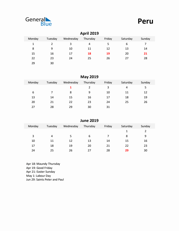 Printable Quarterly Calendar with Notes and Peru Holidays- Q2 of 2019