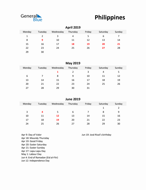 Printable Quarterly Calendar with Notes and Philippines Holidays- Q2 of 2019