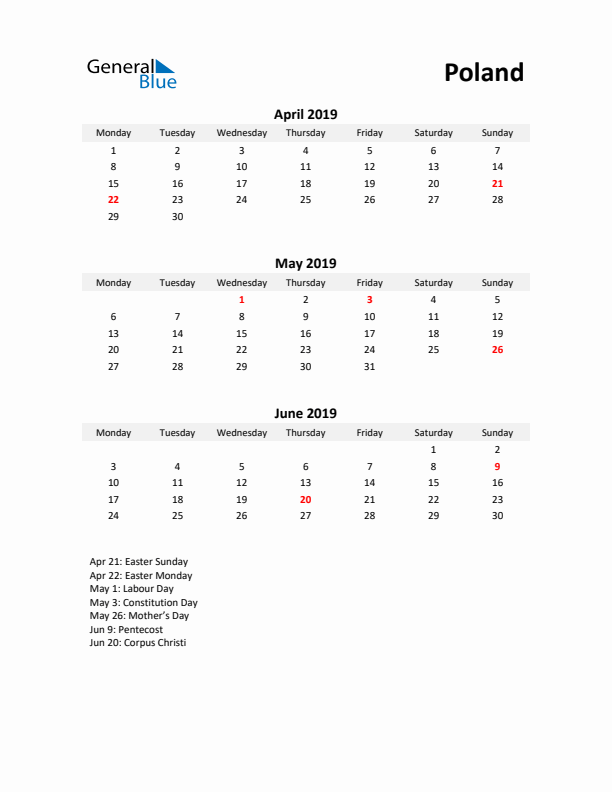 Printable Quarterly Calendar with Notes and Poland Holidays- Q2 of 2019