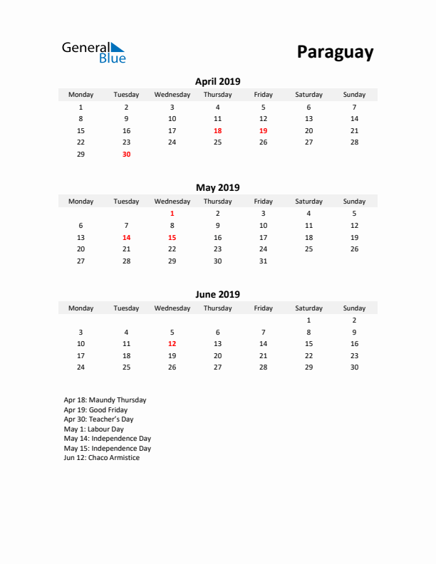 Printable Quarterly Calendar with Notes and Paraguay Holidays- Q2 of 2019