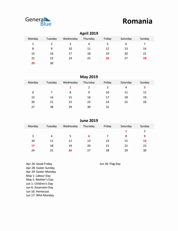 Printable Quarterly Calendar with Notes and Romania Holidays- Q2 of 2019