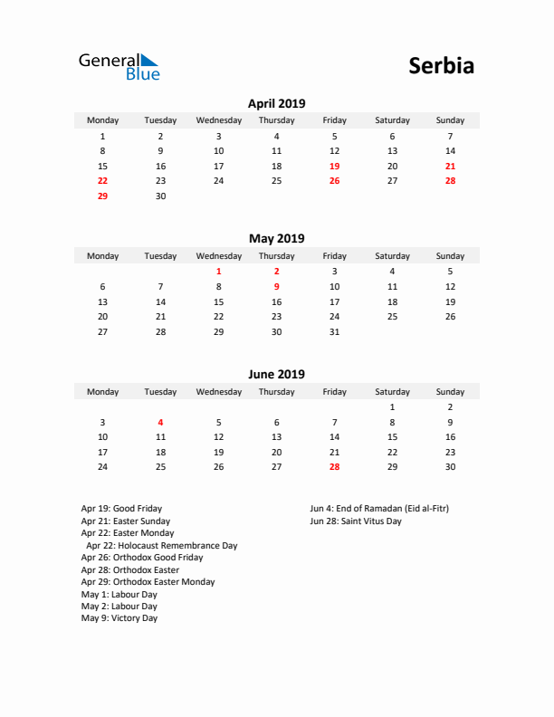 Printable Quarterly Calendar with Notes and Serbia Holidays- Q2 of 2019