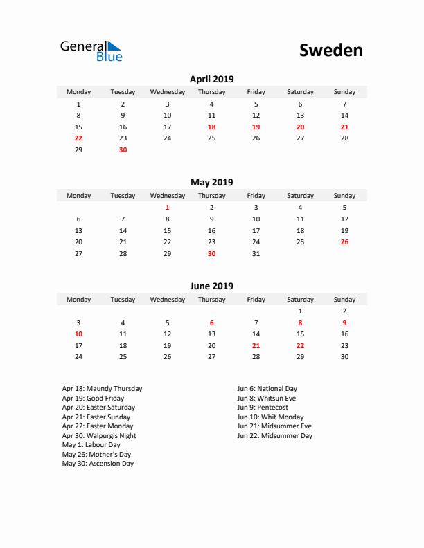 Printable Quarterly Calendar with Notes and Sweden Holidays- Q2 of 2019