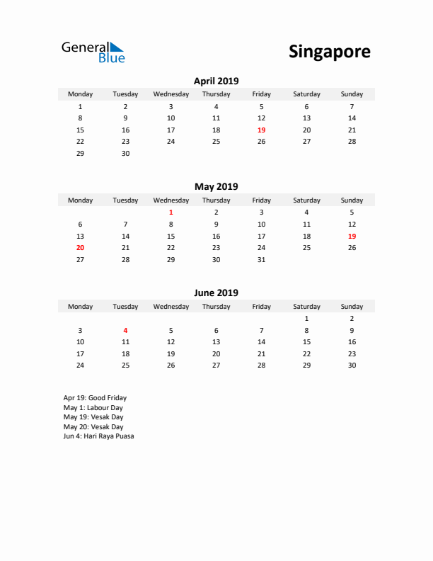 Printable Quarterly Calendar with Notes and Singapore Holidays- Q2 of 2019