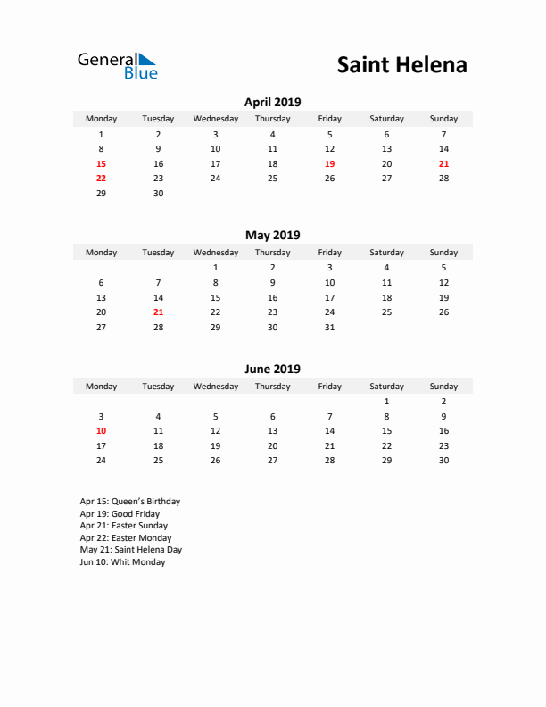 Printable Quarterly Calendar with Notes and Saint Helena Holidays- Q2 of 2019