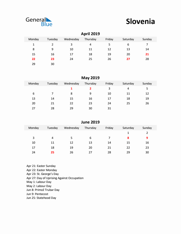 Printable Quarterly Calendar with Notes and Slovenia Holidays- Q2 of 2019