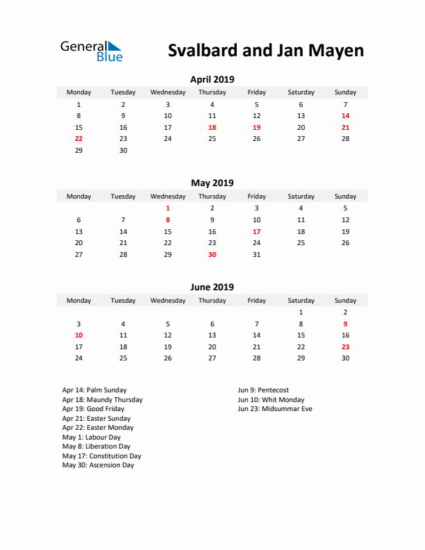 Printable Quarterly Calendar with Notes and Svalbard and Jan Mayen Holidays- Q2 of 2019