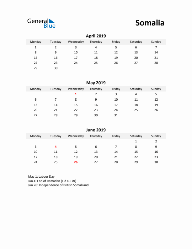 Printable Quarterly Calendar with Notes and Somalia Holidays- Q2 of 2019