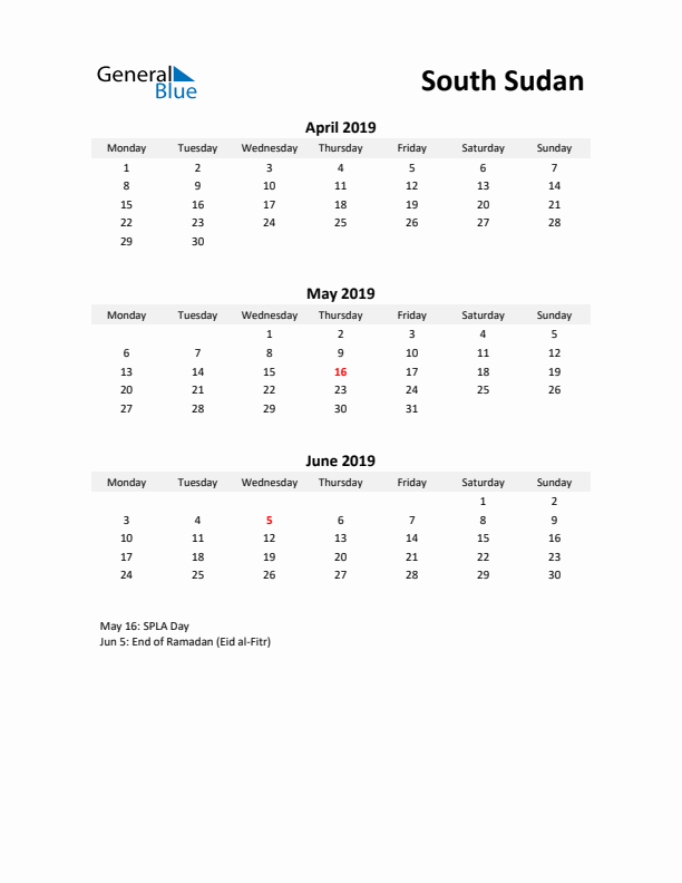 Printable Quarterly Calendar with Notes and South Sudan Holidays- Q2 of 2019