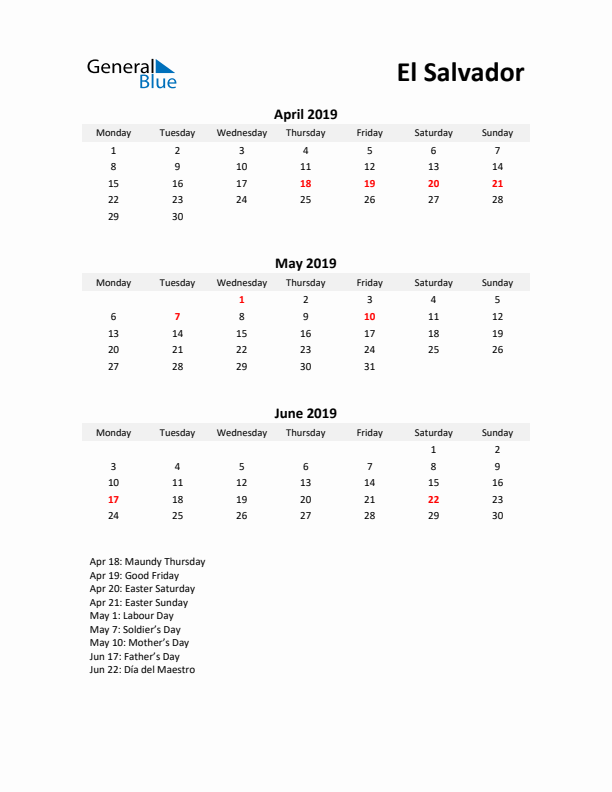 Printable Quarterly Calendar with Notes and El Salvador Holidays- Q2 of 2019