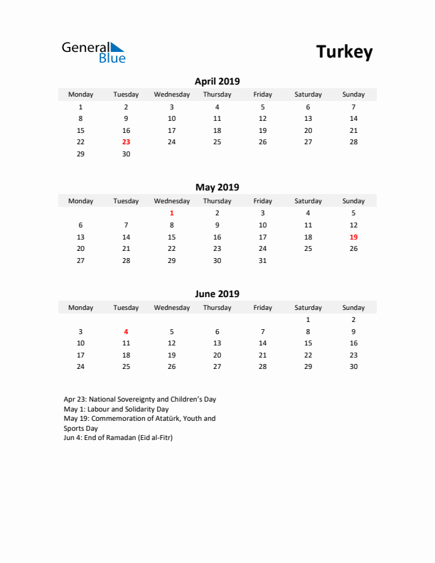 Printable Quarterly Calendar with Notes and Turkey Holidays- Q2 of 2019