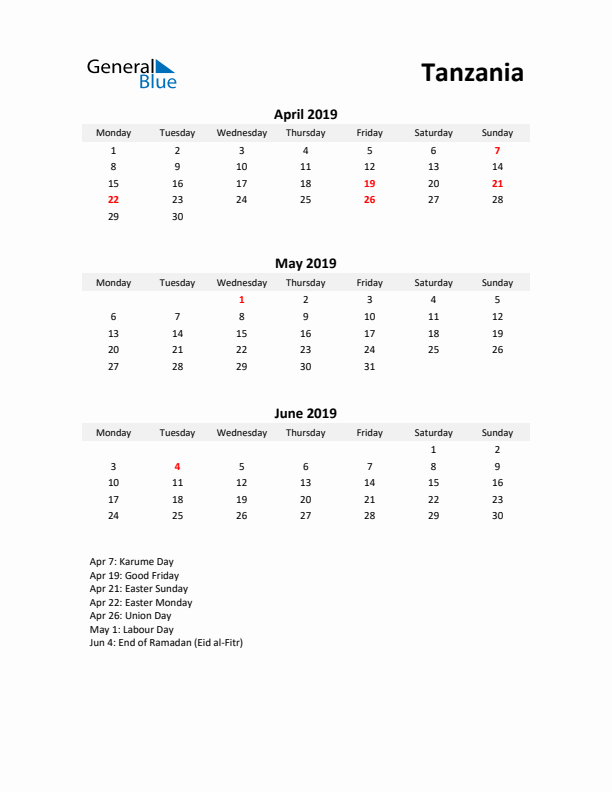 Printable Quarterly Calendar with Notes and Tanzania Holidays- Q2 of 2019