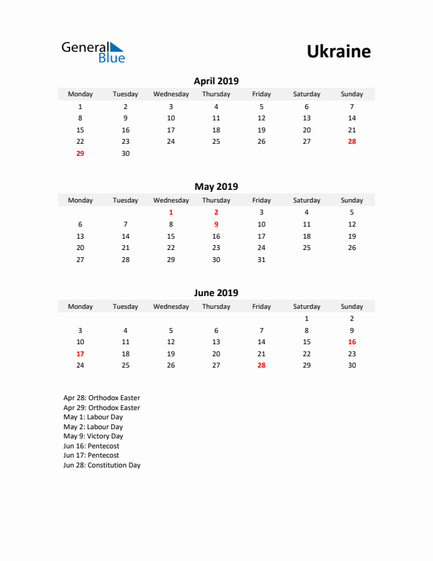 Printable Quarterly Calendar with Notes and Ukraine Holidays- Q2 of 2019