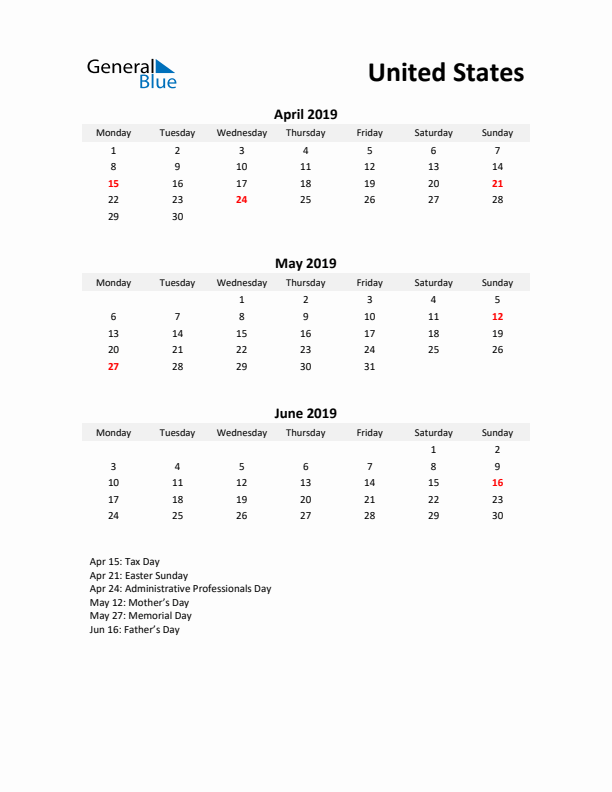 Printable Quarterly Calendar with Notes and United States Holidays- Q2 of 2019