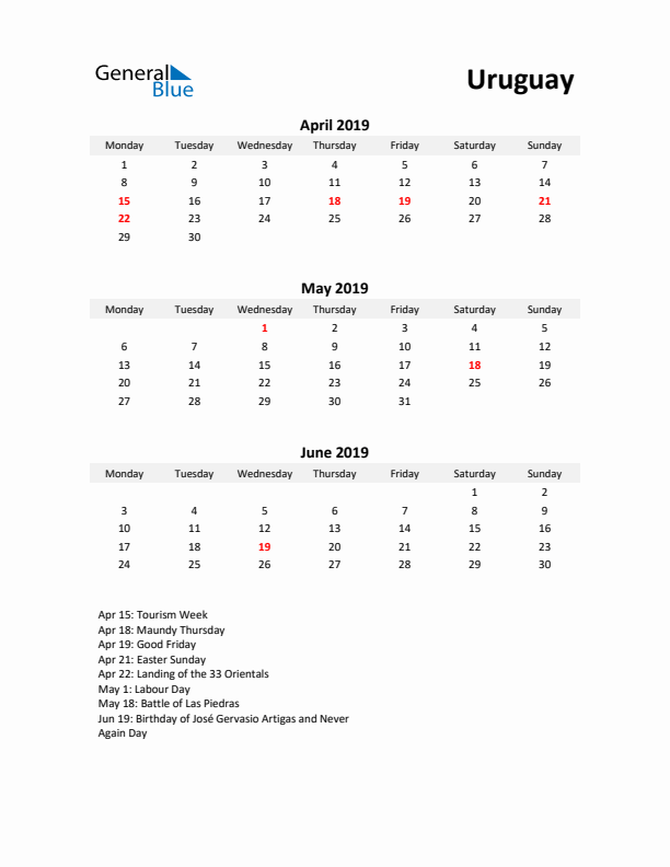 Printable Quarterly Calendar with Notes and Uruguay Holidays- Q2 of 2019