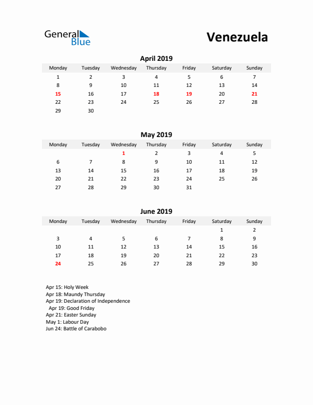 Printable Quarterly Calendar with Notes and Venezuela Holidays- Q2 of 2019