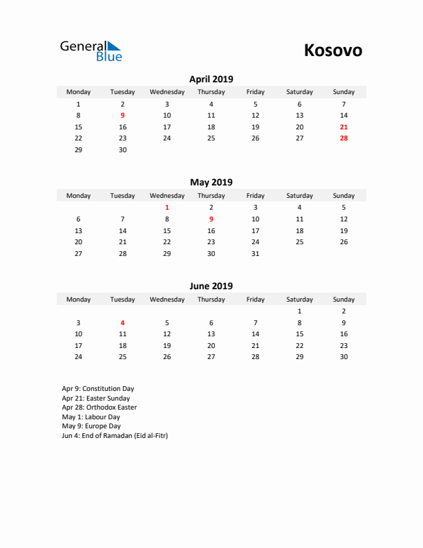 Printable Quarterly Calendar with Notes and Kosovo Holidays- Q2 of 2019