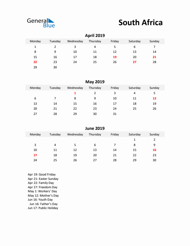 Printable Quarterly Calendar with Notes and South Africa Holidays- Q2 of 2019