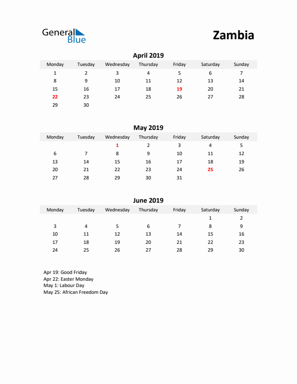 Printable Quarterly Calendar with Notes and Zambia Holidays- Q2 of 2019