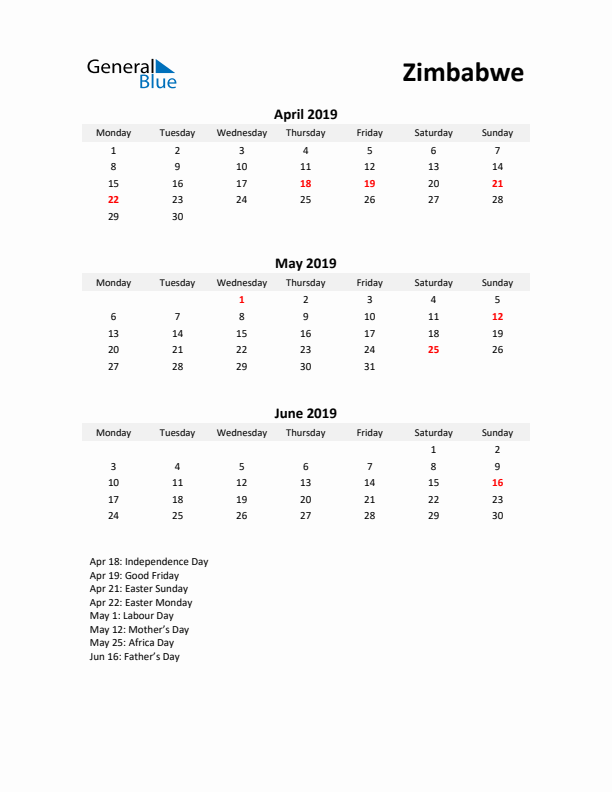 Printable Quarterly Calendar with Notes and Zimbabwe Holidays- Q2 of 2019