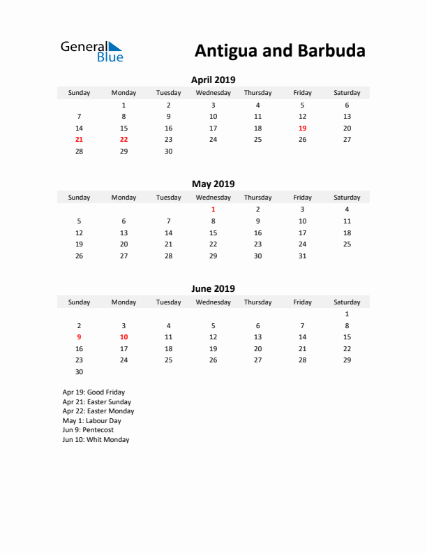 Printable Quarterly Calendar with Notes and Antigua and Barbuda Holidays- Q2 of 2019