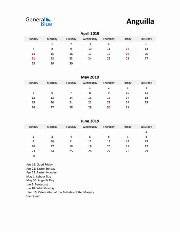 Printable Quarterly Calendar with Notes and Anguilla Holidays- Q2 of 2019