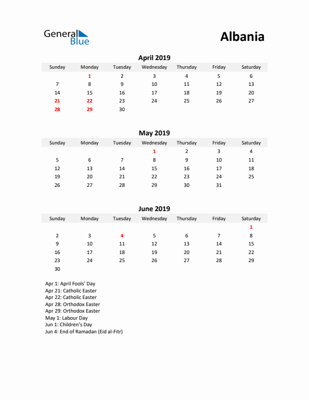 Printable Quarterly Calendar with Notes and Albania Holidays- Q2 of 2019