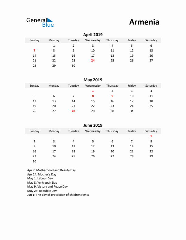 Printable Quarterly Calendar with Notes and Armenia Holidays- Q2 of 2019