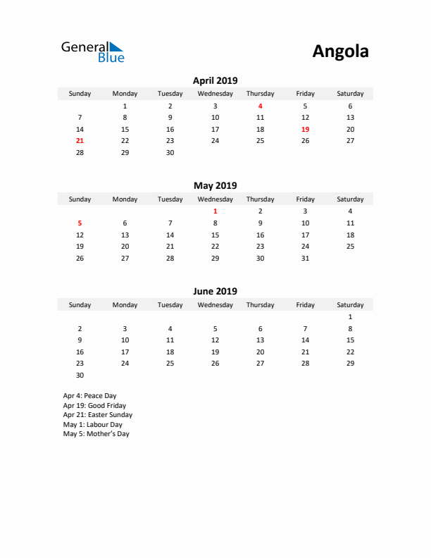 Printable Quarterly Calendar with Notes and Angola Holidays- Q2 of 2019