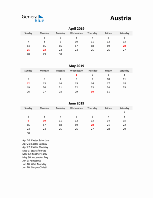 Printable Quarterly Calendar with Notes and Austria Holidays- Q2 of 2019