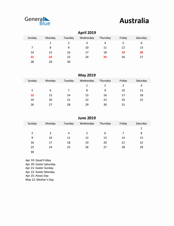 Printable Quarterly Calendar with Notes and Australia Holidays- Q2 of 2019