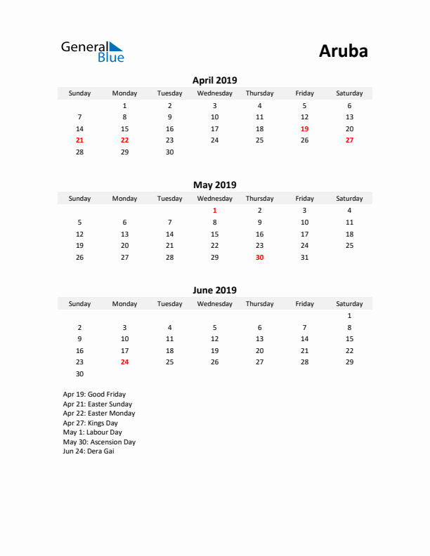 Printable Quarterly Calendar with Notes and Aruba Holidays- Q2 of 2019