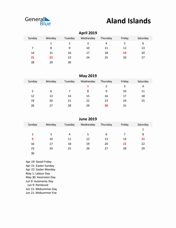 Printable Quarterly Calendar with Notes and Aland Islands Holidays- Q2 of 2019