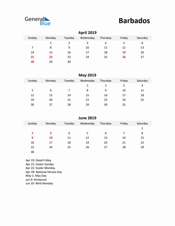 Printable Quarterly Calendar with Notes and Barbados Holidays- Q2 of 2019